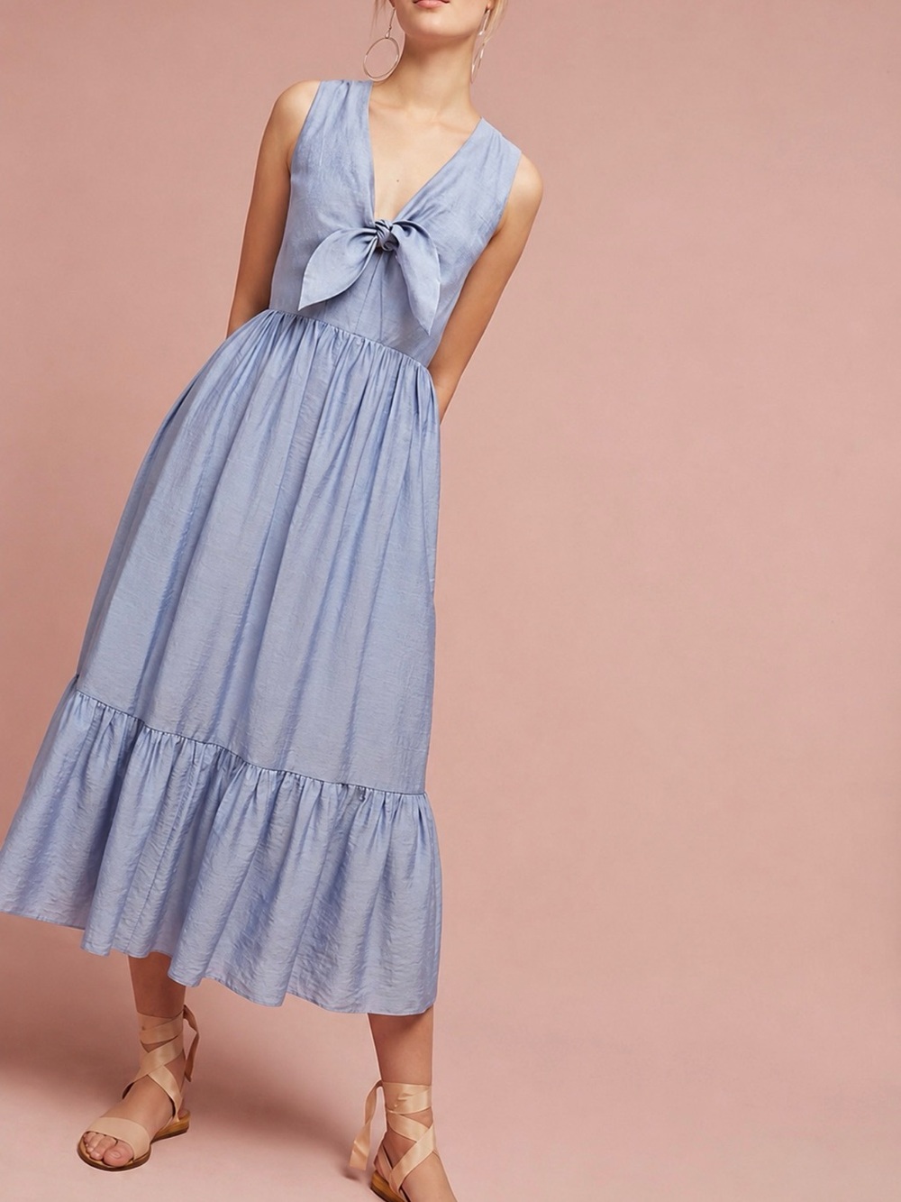 NWT Joe Fresh Sky Blue Tie-Front Sleeveless Midi Dress with side pockets - Picture 1 of 7